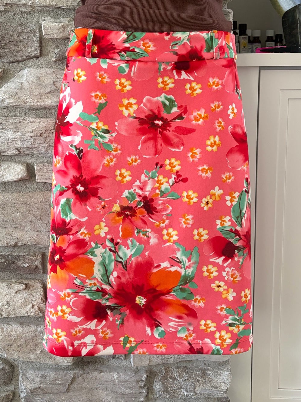 Coral Floral Pencil Skirt with Red & Green Print